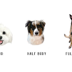 May include: Three illustrations of dogs in different poses. The first image shows a white dog's head, the second image shows a brown, black, and white dog's head and shoulders, and the third image shows a brown and black dog sitting with its tongue out.