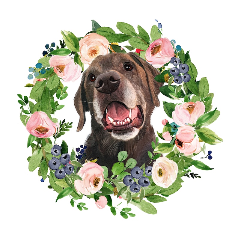 May include: A chocolate brown Labrador Retriever dog with a pink nose and tongue sticking out, looking directly at the camera. The dog is surrounded by a wreath of pink flowers, green leaves, and blue berries.