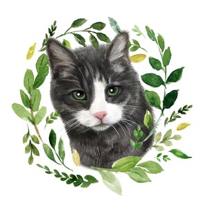 May include: A watercolor painting of a black and white cat with green eyes, surrounded by a wreath of green leaves.