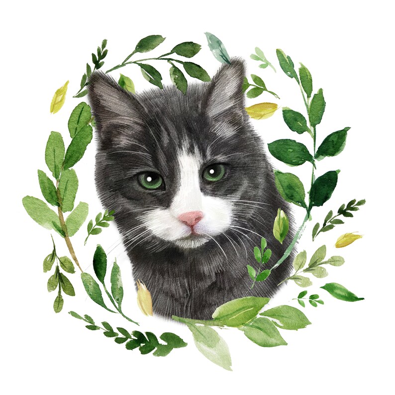 May include: A watercolor painting of a black and white cat with green eyes, surrounded by a wreath of green leaves.