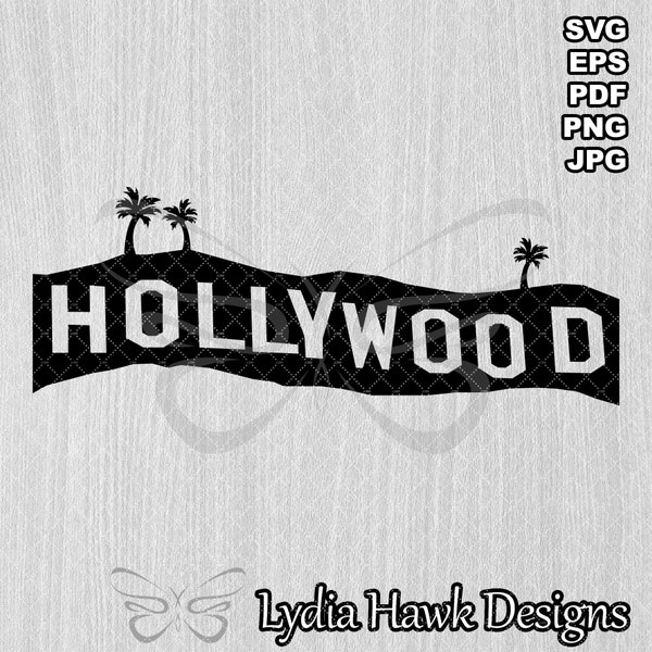 Hollywood Sign & Palm Trees SVG PNG Download Printable Vector Graphic Iron-On Clipart Hollywood Sign Silhouette 3 Palm Trees Cricut Cut File