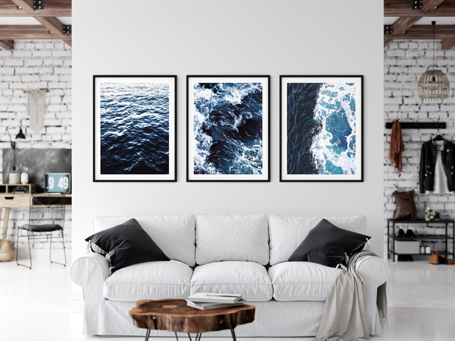 Set Of 3 Beach Prints Navy Blue Ocean Printable Wall Art Etsy