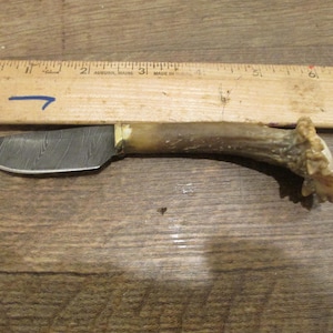 Puede incluir: Un cuchillo hecho a mano con una hoja de acero estampada y un mango de asta. Una regla de madera se coloca encima del cuchillo. El cuchillo está sobre una superficie de madera.