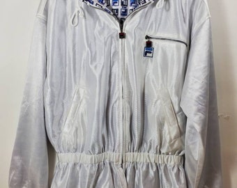 FILA White Satin Hooded Sports Track Jacket Cinched Waist Size Medium