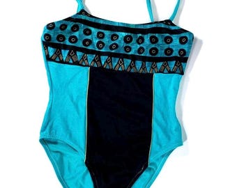 Vintage Turqoise Black Tiki Print High Cut One Piece Swimsuit Size Small
