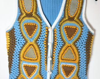 Vintage 70s Woodward’s Crochet Vest Size Small Wool and Suede