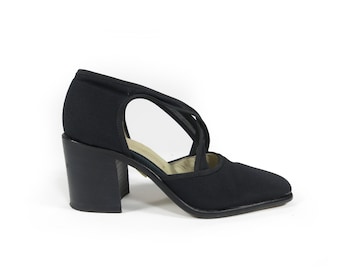 Black MicroMesh Square Toe Chunky Block Heel Criss Cross Strap 5 / 5.5