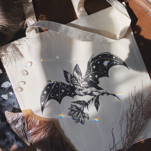 Bat Full of Stars Tote Bag | organic cotton tote bag | Bat Tote | Bat Artwork | printed tote bag | illustrated tote bag | Goth Tote | Spooky