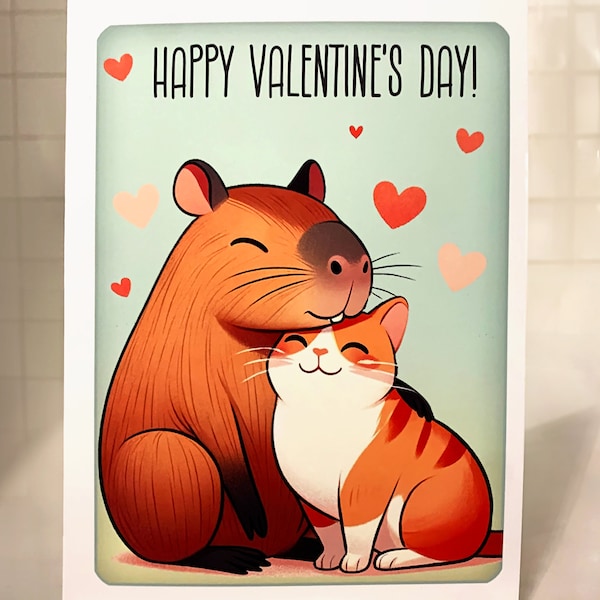 Printable Orange Cat and Capybara Valentine's Day Card, Valentines card for friend, Cute Capybara Card, fun Valentines Card print for School