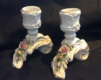 Pretty 1950s Volkstedt Rudolf Kammer Candlesticks. Small Vanity Pair.