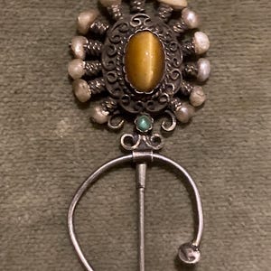 Beautiful Antique French Pin / Fibula / Cape Brooch. c.1800 Silver. Seed Pearls. Tiger Eye