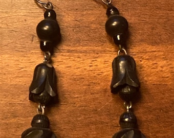 Pretty Bog Oak Carved Earrings. Victorian c. 1850