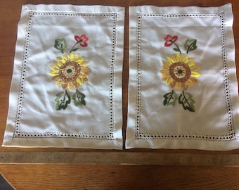 Pretty Linen Sunflower Cloths. c. 1950 Hand Embroidered.