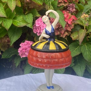 May include: A porcelain ballerina figurine with a red, yellow, and black skirt, blue bodice, and white legs. The figurine is on a white base with gold trim. The background features pink and green foliage.