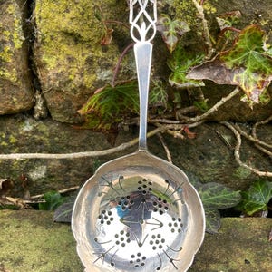 May include: A silver tea strainer with a decorative handle and a round bowl featuring a pierced design. The strainer has three small feet and is set against a backdrop of a stone wall and greenery.