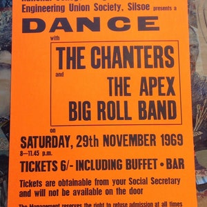Vintage Neon 1969 Dance Poster The Chanters, The Apex, Big Roll Band