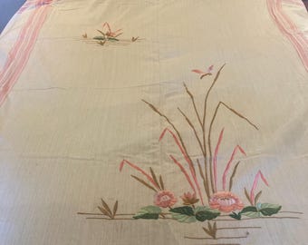 Absolutely Beautiful 1920s Linen Double Bedspread with Embroidered Water Lilies
