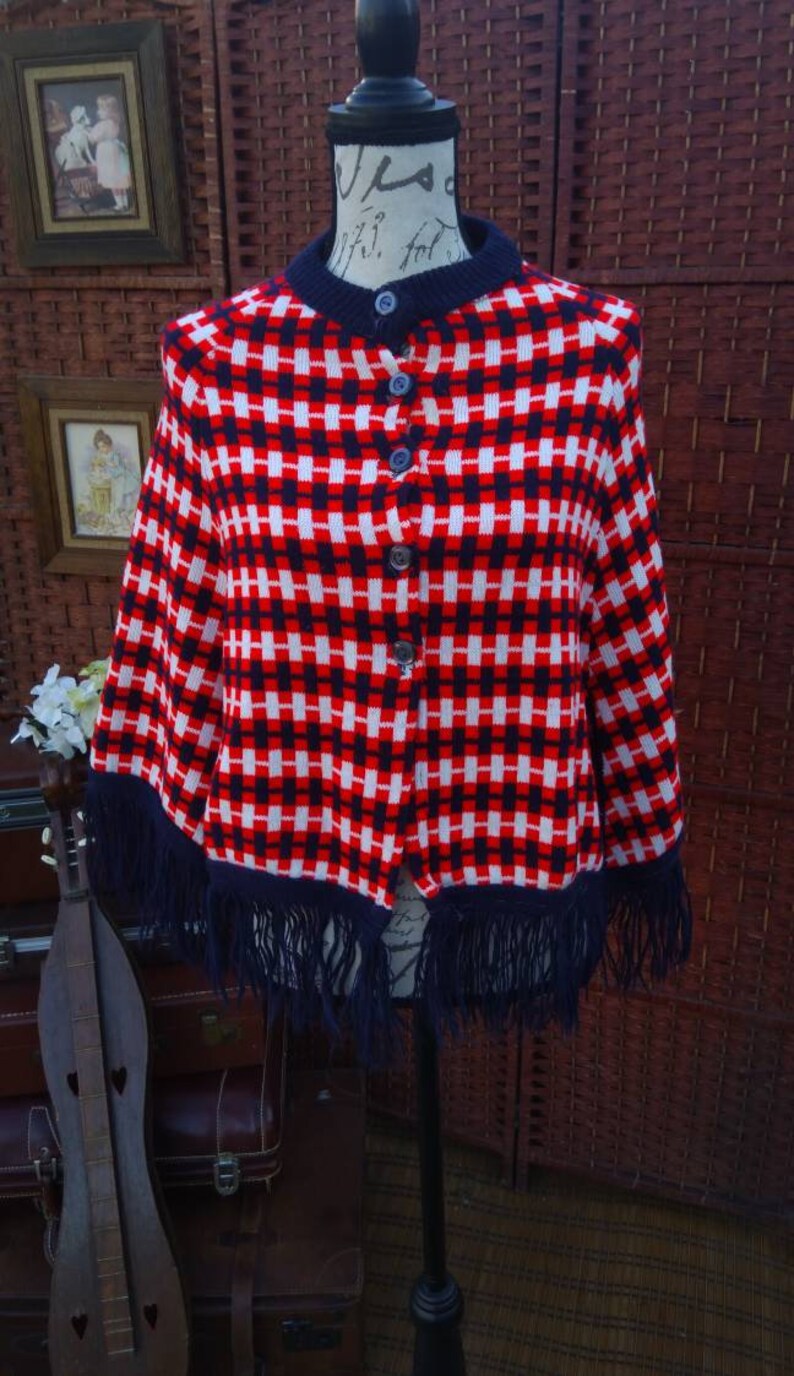 Blue and red checkered ponchovintage ponchovintage clothingcostumesponchosplaid ponchohippie ponchoboho ponchowomen/'s clothing