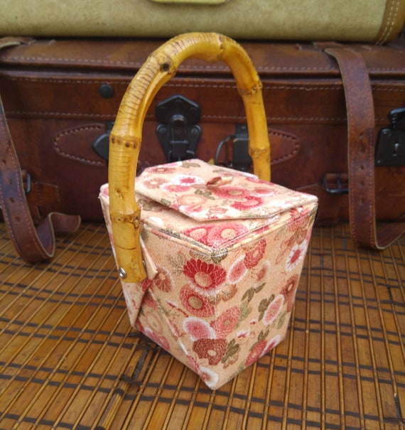 Floral take out box purse with bamboo handle/take