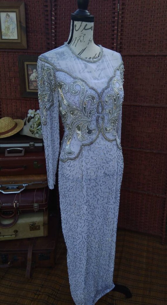 White beaded faux pearl BlackTie Oleg Cassini dres