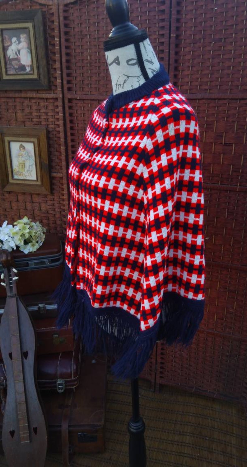 Blue and red checkered ponchovintage ponchovintage clothingcostumesponchosplaid ponchohippie ponchoboho ponchowomen/'s clothing