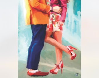May include: A painting of a couple in a romantic embrace. The man is wearing a bright orange jacket and blue pants, while the woman is wearing a pink jacket, a floral skirt, and red heels. The background is a light blue.