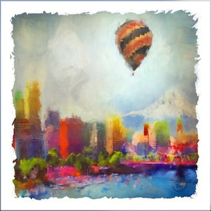 Portland skyline painting, hot air balloon painting, mount hood painting, Portland city art print, Willamette River, Hawthorn Bridge art