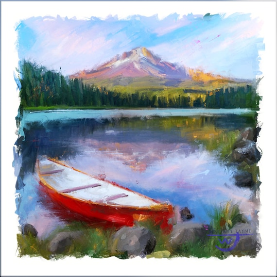 Trillium Lake art print, Mount Hood wall art, Red Canoe at Trillium Lake Oregon, Mount Hood art print, Lost lake Oregon souvenir