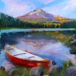 May include: A red canoe sits on the shore of a lake with a mountain in the background. The water is calm and reflects the sky and mountain. The canoe is made of wood and has a white interior.