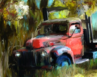 old red truck art print, old red farm truck, old red truck painting, red farm truck art print, rusty old truck, rusty red truck print,