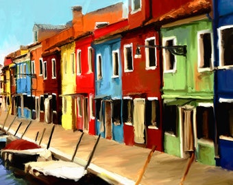 Può includere: Una fila di case colorate costeggia un canale con barche ormeggiate lungo il bordo. Le case sono dipinte in tonalità di blu, verde, giallo, rosso e arancione. Il canale è di un blu profondo e il cielo è di un blu chiaro.