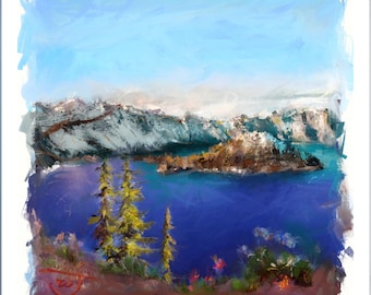 Puede incluir: Una pintura de un lago rodeado de montañas con una pequeña isla en el medio. El lago es de un azul profundo y las montañas son de un azul claro y blanco. Hay tres pinos en primer plano.