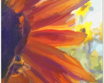 Red sunflower print, bee on a flower, sunflower painting, sunflower and a bee, red sunflower wall art, gift for gardeners