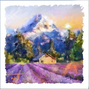 Mount Hood and Lavender fields art print, Fruit Loop Hood River Oregon landscape, Mount Hood painting, Hood River wall art souvenir
