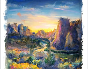 May include: A painting of a canyon landscape with a river winding through it. The sky is a vibrant blue with streaks of orange and yellow. The canyon walls are a mix of purple, brown, and green.