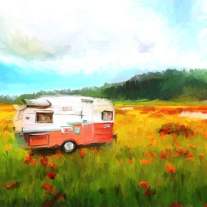 pink Camper art print, vintage camper, vintage trailer print, field of poppies art, field of poppies print, shasta camper art print