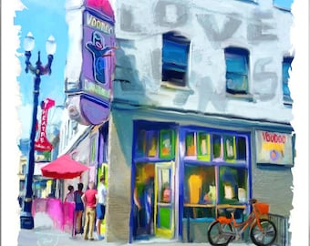 Può includere: Una vetrina colorata con un cartello che recita "Voodoo Doughnuts" e un tendone rosso. Ci sono persone che camminano e una bicicletta parcheggiata davanti al negozio.