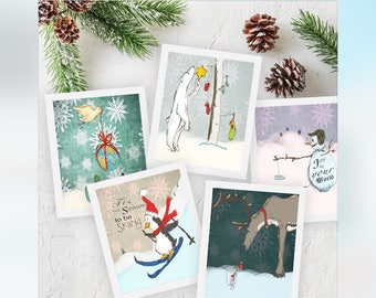 Set of Printable holiday cards, cute Christmas card set, nondenominational, Christmas animals greeting card set, festive holiday card set