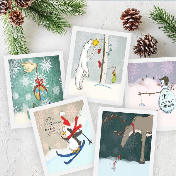 Set of Printable holiday cards, cute Christmas card set, nondenominational, Christmas animals greeting card set, festive holiday card set