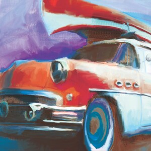 Klassieke rode Buick, rood-witte Buick schilderij, klassieke auto art print, klassieke buick art print, oude buick art, auto en kano art print