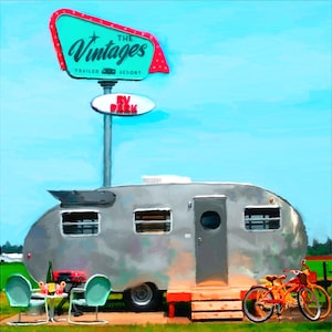 The Vintages, airstream painting, airstream trailer print, airstream art print, Vintage trailer art print, old camper trailer, camping art