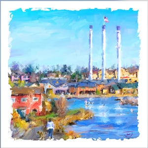 Bend Oregon Old Mill District art print, Bend Oregon kunst, Deschutes rivier kunstprint, Old Mill Ben Oregon, Riverfront kunst, Central Oregon kunst