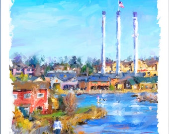 Impresión de arte de Bend Oregon Old Mill District, arte de Bend Oregon, impresión de arte del río Deschutes, Old Mill Ben Oregon, arte frente al río, arte central de Oregon