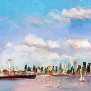 View from Alki beach Seattle skyline art print, Seattle cityscape, space needle art print, Seattle sail boat art print, Seattle painting