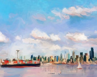 Può includere: Un dipinto di un paesaggio urbano con una grande nave da carico in primo piano. La città è in lontananza e ha molti edifici alti. Il cielo è blu con nuvole bianche.