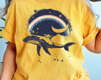 クジラのレインボーTシャツデザイン：レトロな昇華プリント（PNGデジタルダウンロード）