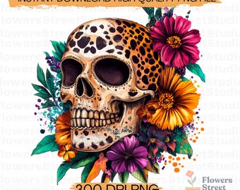 Floral Skull PNG: Animal Print Sublimation Design (Digital Download)