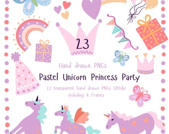 Clipartset pastel prinses eenhoorn: handgetekende png-afbeeldingen (commercieel gebruik)