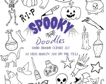 Spooky Halloween Doodles Clipart: 30 Hand-Drawn PNG Illustrations (Digital Download)