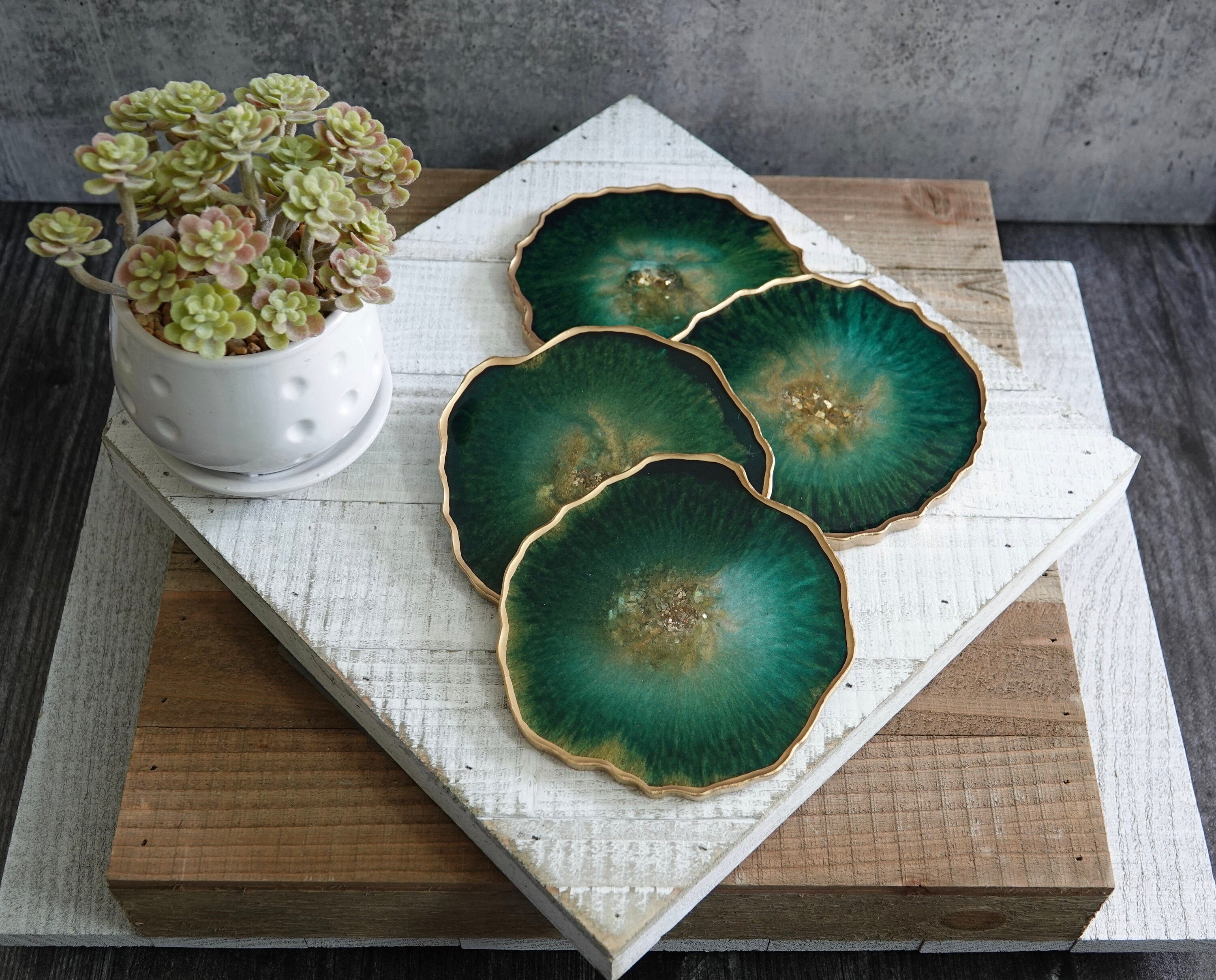 Emerald green home decor coasters, Set of 4 geode resin coasters , br…